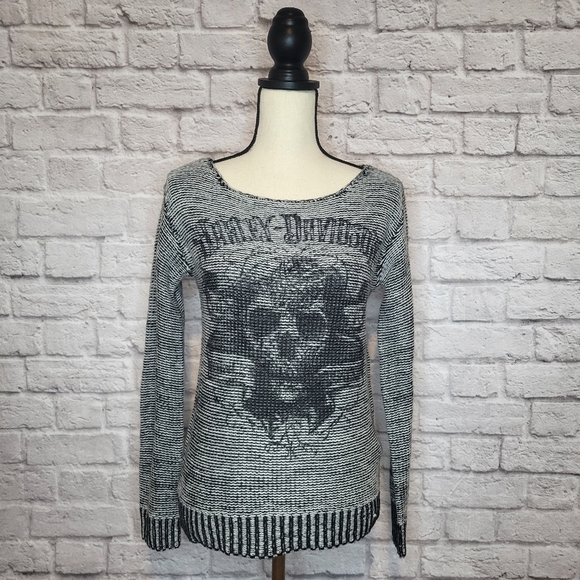 Harley-Davidson Sweater Black White Skull Distressed Print Scoop Neckline Size S - Picture 2 of 8